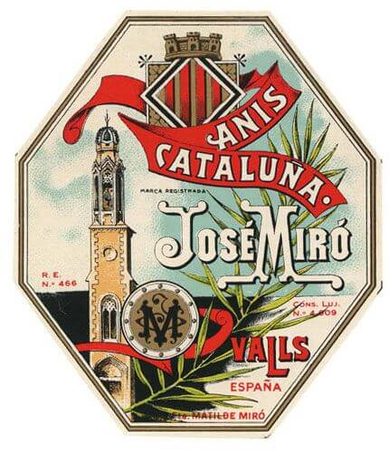 Etiqueta antigua Anís Cataluña, destilería José Miró en Valls (Tarragona)
