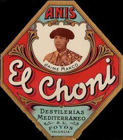 Etiqueta antigua Anís El Choni, Destilerías Mediterráneo S.L. en Foyos (Valencia)