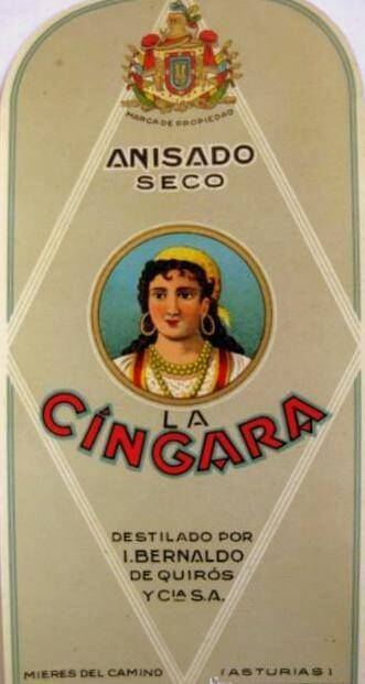 Etiqueta antigua alargada Anís La Cíngara, Mieres del Camino (Asturias)