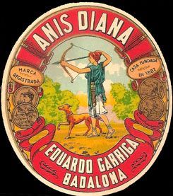 Etiqueta antigua Anís Diana por destilería Eduardo Garriga en Badalona