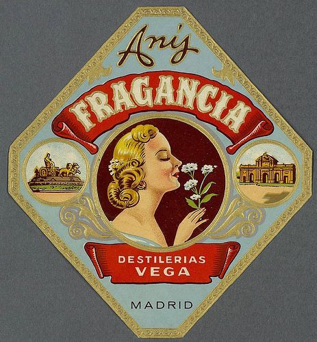 Etiqueta antigua Anís Fragancia, Destilerías Vega en Madrid