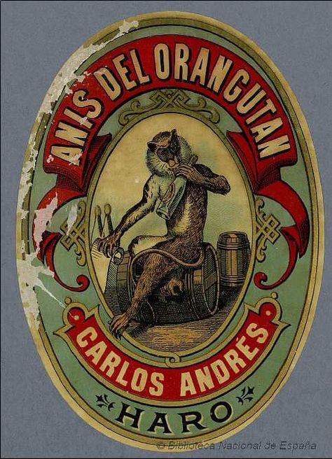 Etiqueta antigua Anís del Orangután por destilerías Carlos Andrés en Haro (La Rioja)