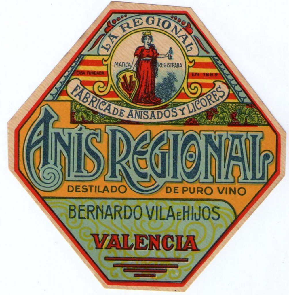 Etiqueta antigua Anís Regional de Bernardo Vila e Hijos, Valencia